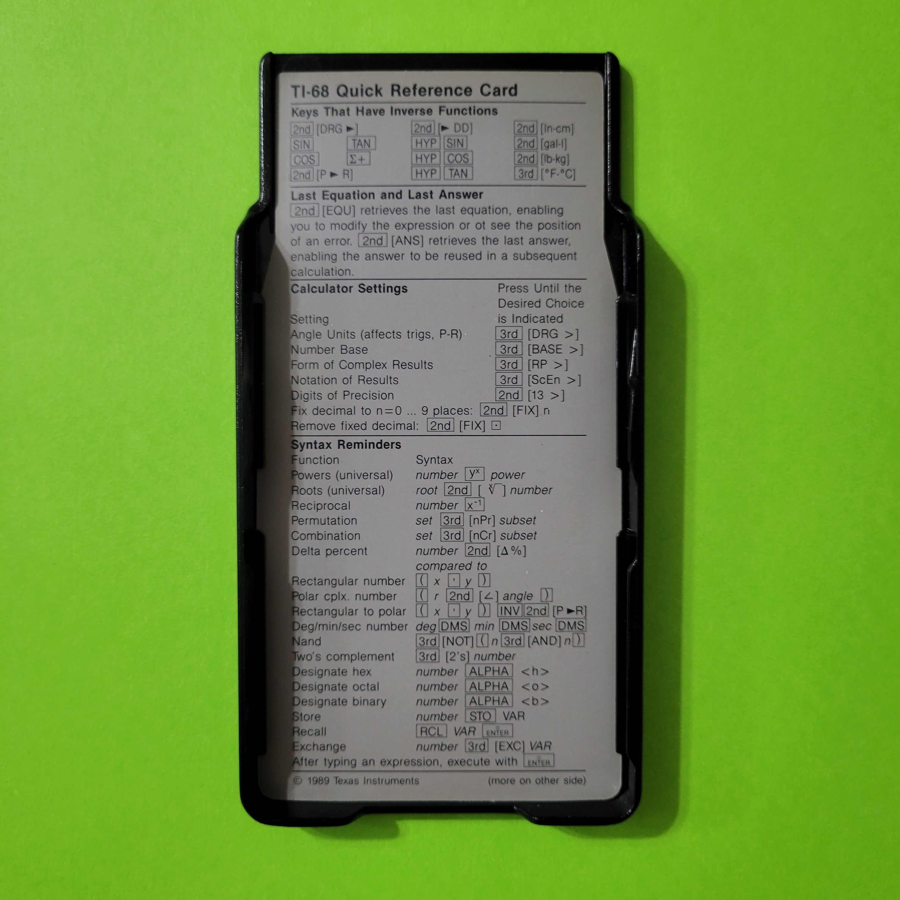 An image of the back side of the quick reference card for the Texas Instruments TI-68 scientific calculator